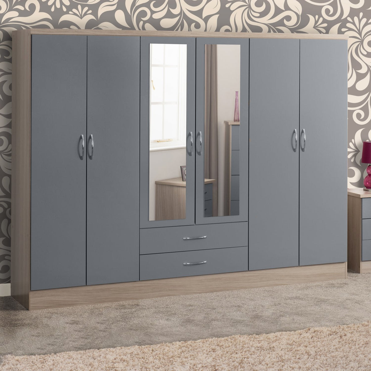 Nevada 6 Door 2 Drawer Mirrored Wardrobe - Grey Gloss/Light Oak Effect Veneer