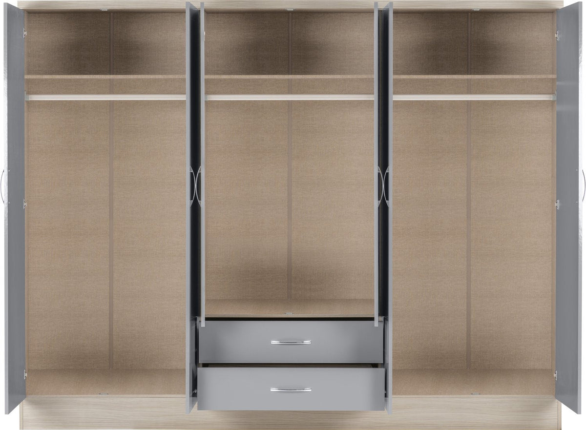 Nevada 6 Door 2 Drawer Mirrored Wardrobe - Grey Gloss/Light Oak Effect Veneer
