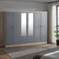 Nevada 6 Door 2 Drawer Mirrored Wardrobe - Grey Gloss/Light Oak Effect Veneer
