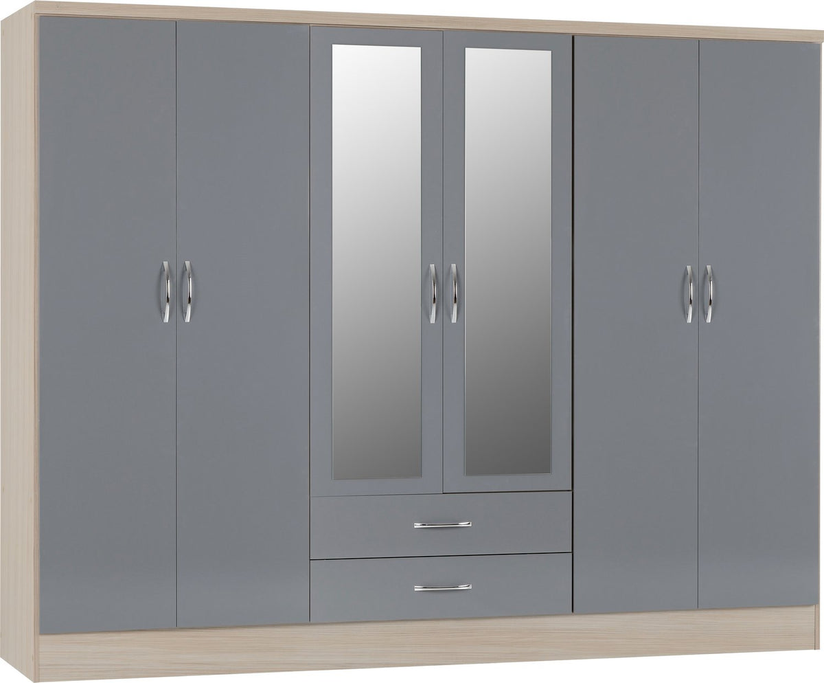 Nevada 6 Door 2 Drawer Mirrored Wardrobe - Grey Gloss/Light Oak Effect Veneer