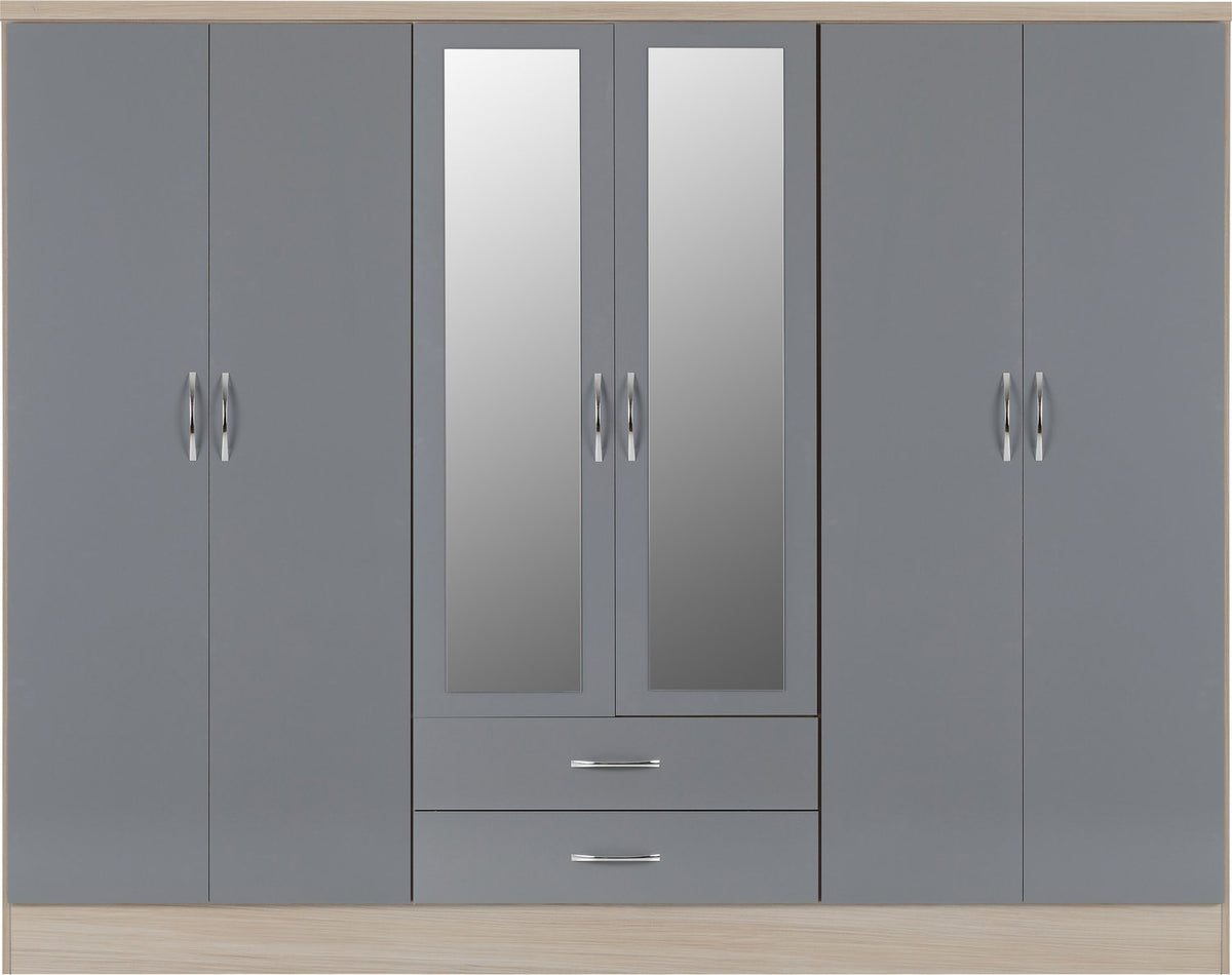Nevada 6 Door 2 Drawer Mirrored Wardrobe - Grey Gloss/Light Oak Effect Veneer