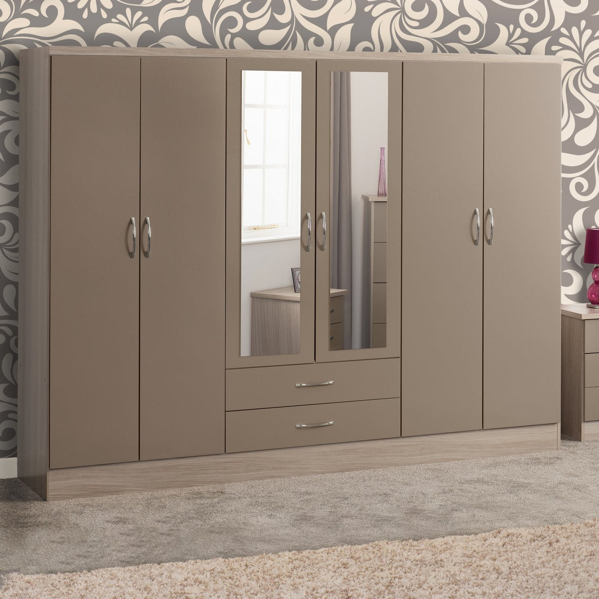 Nevada 6 Door 2 Drawer Mirrored Wardrobe - Oyster Gloss/Light Oak Effect Veneer