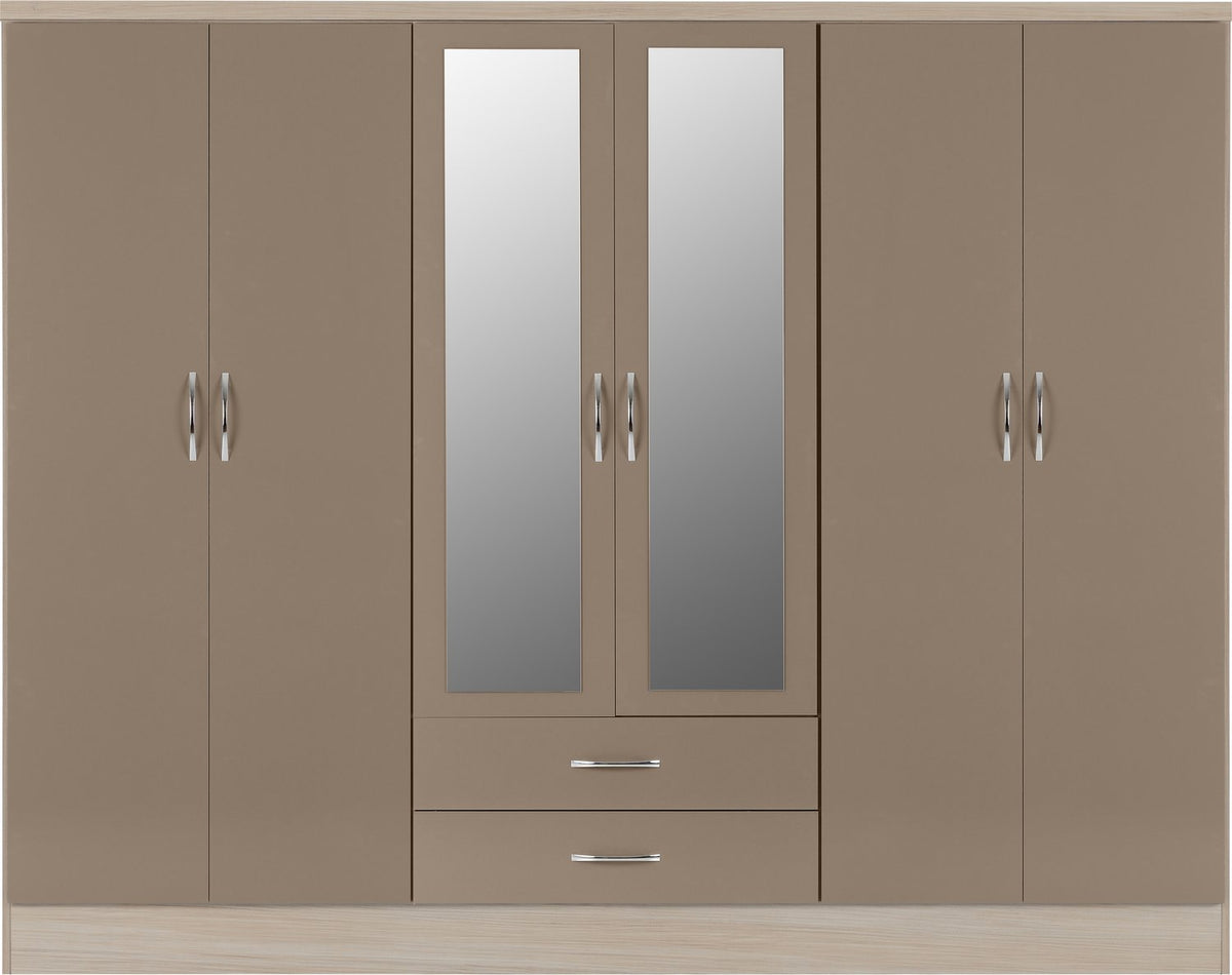 Nevada 6 Door 2 Drawer Mirrored Wardrobe - Oyster Gloss/Light Oak Effect Veneer