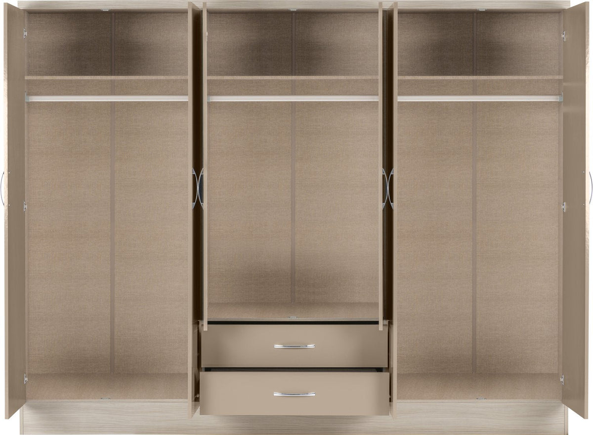 Nevada 6 Door 2 Drawer Mirrored Wardrobe - Oyster Gloss/Light Oak Effect Veneer