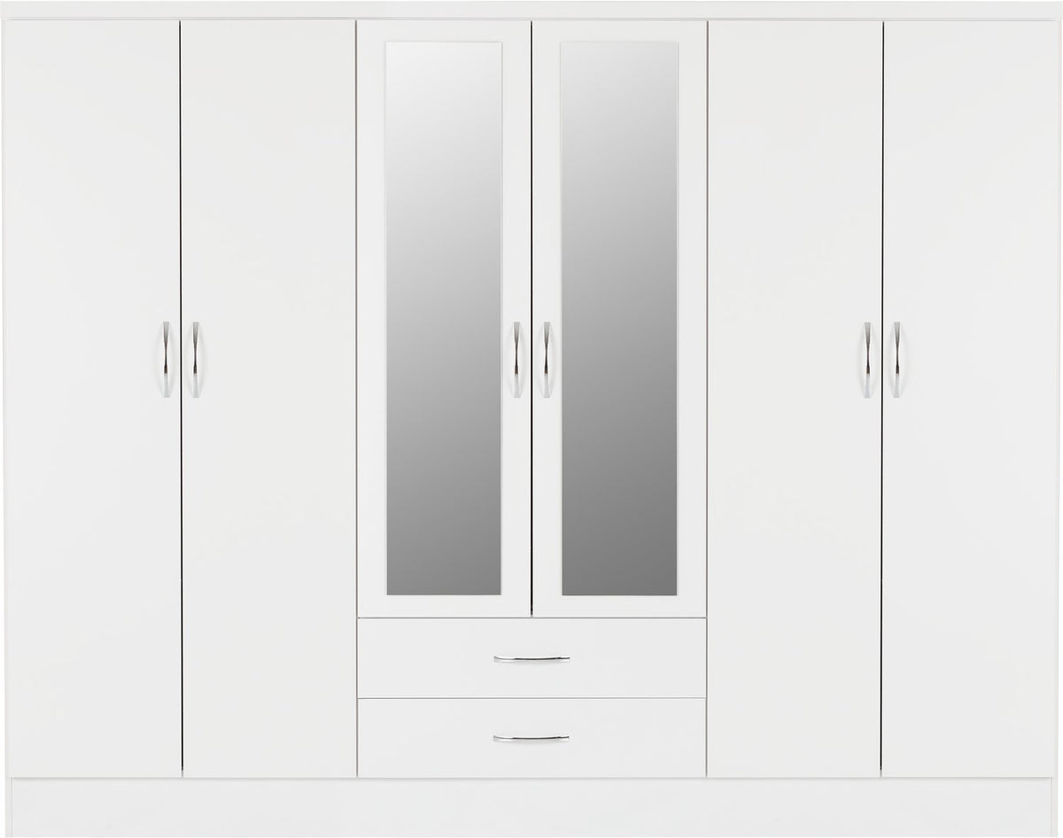 Nevada 6 Door 2 Drawer Mirrored Wardrobe - White Gloss