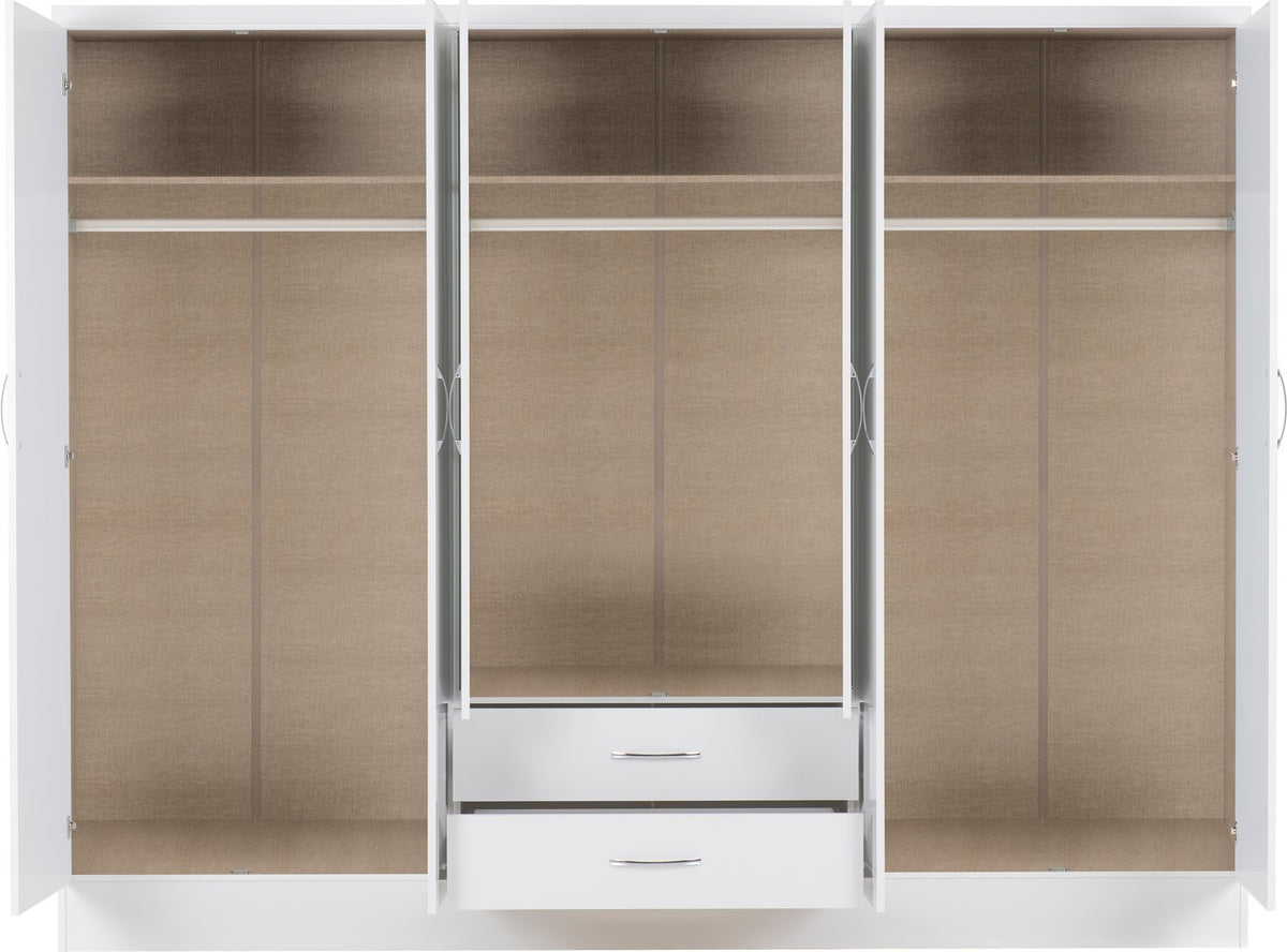 Nevada 6 Door 2 Drawer Mirrored Wardrobe - White Gloss