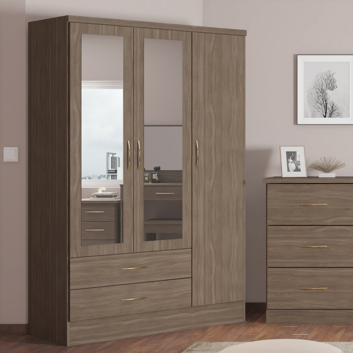Nevada 3 Door 2 Drawer Mirrored Wardrobe - Rustic Oak Effect
