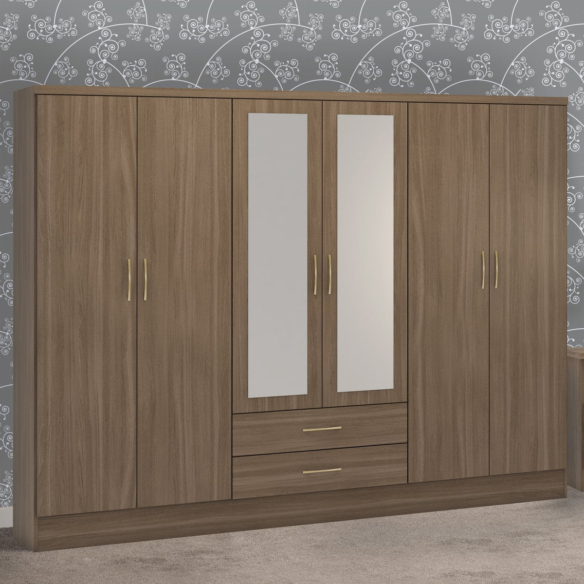 Nevada 6 Door 2 Drawer Mirrored Wardrobe - Rustic Oak Effect