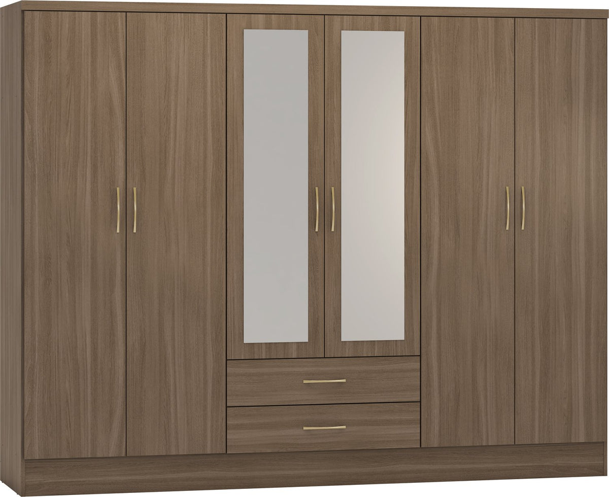 Nevada 6 Door 2 Drawer Mirrored Wardrobe - Rustic Oak Effect