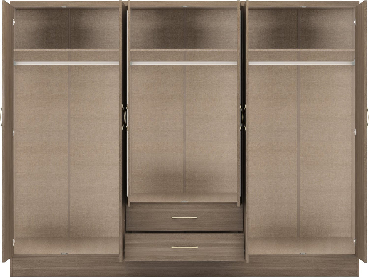 Nevada 6 Door 2 Drawer Mirrored Wardrobe - Rustic Oak Effect