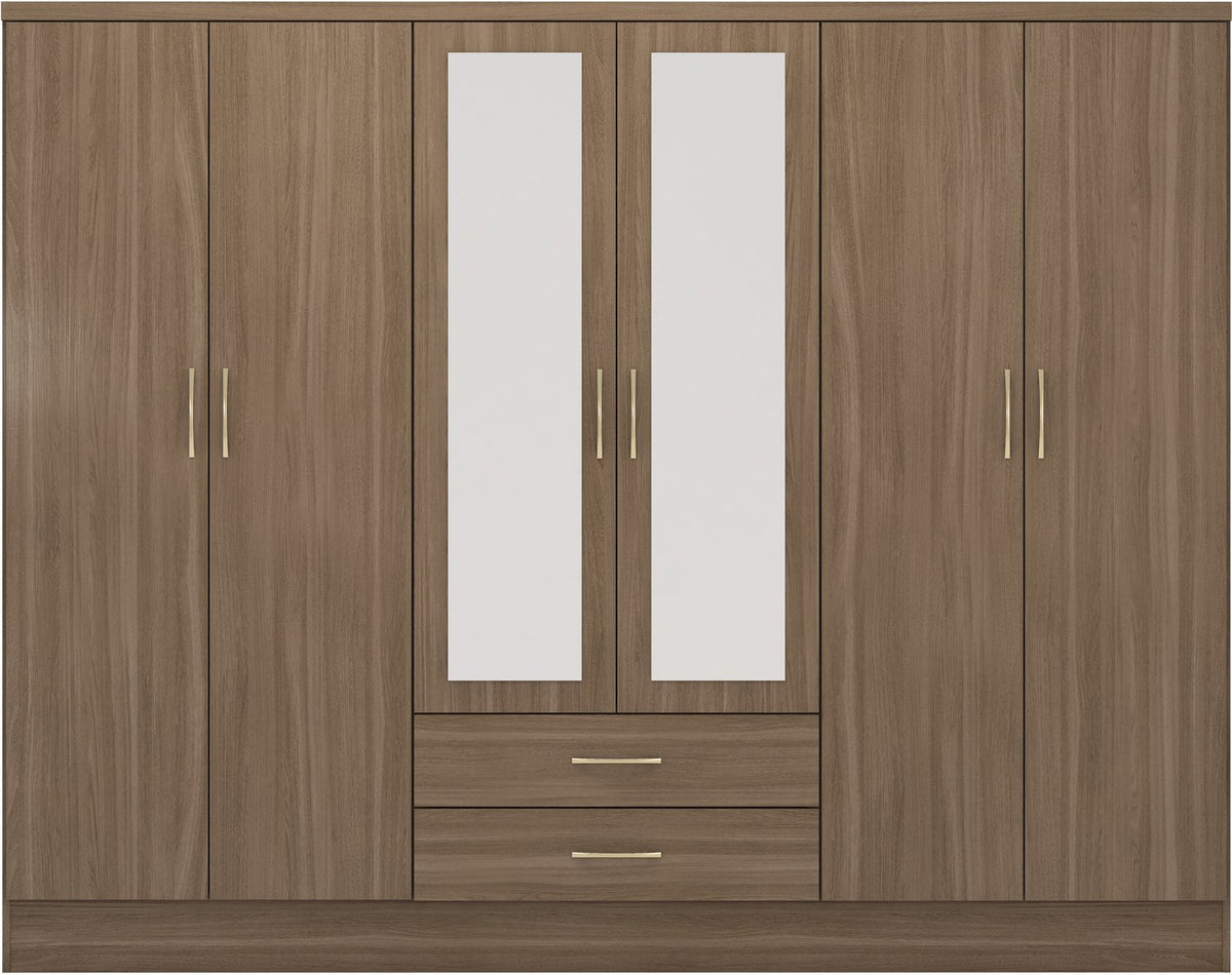 Nevada 6 Door 2 Drawer Mirrored Wardrobe - Rustic Oak Effect