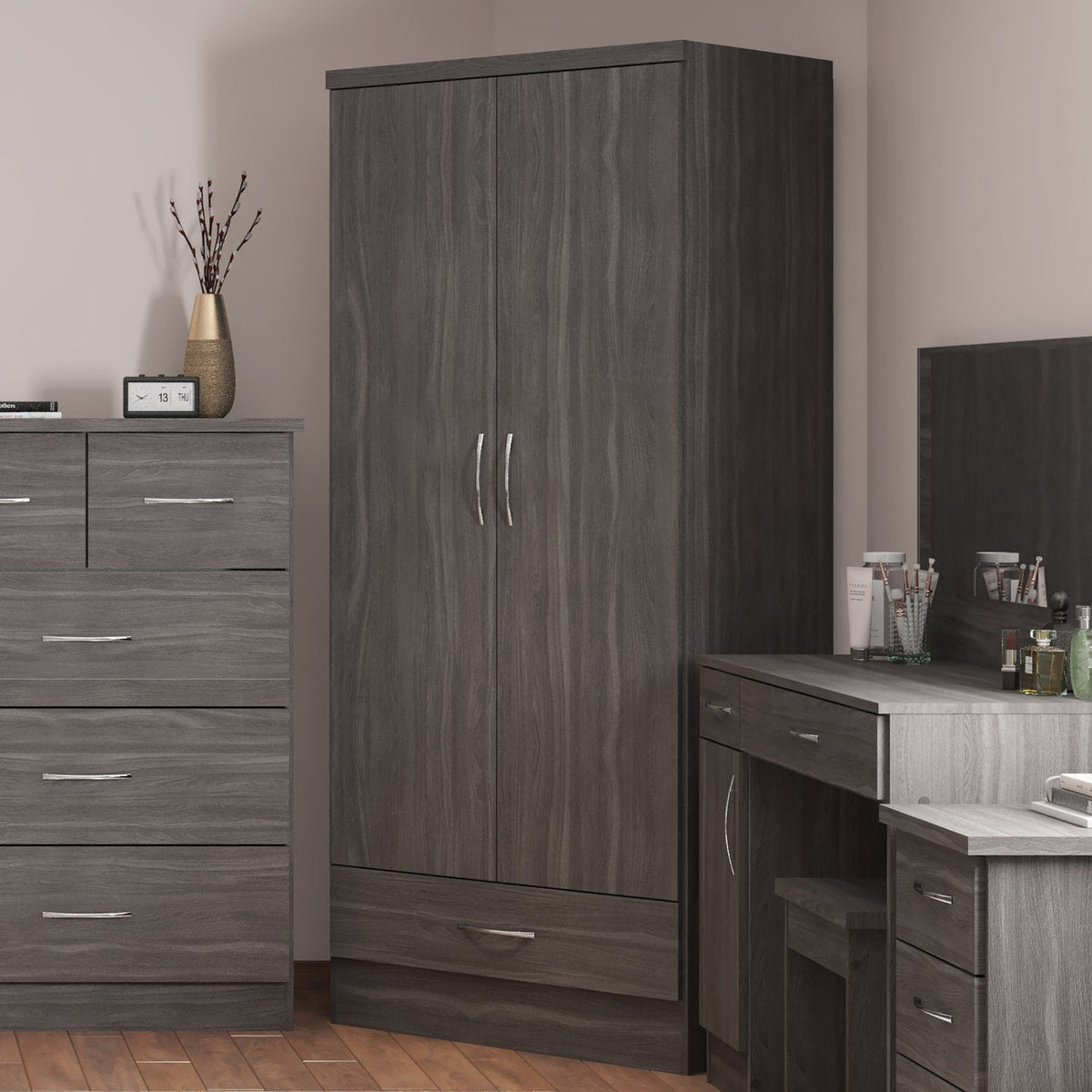 Nevada 2 Door 1 Drawer Wardrobe - Black Wood Grain