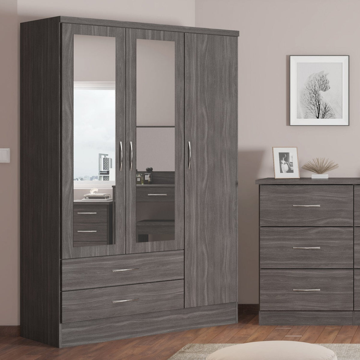Nevada 3 Door 2 Drawer Mirrored Wardrobe - Black Wood Grain