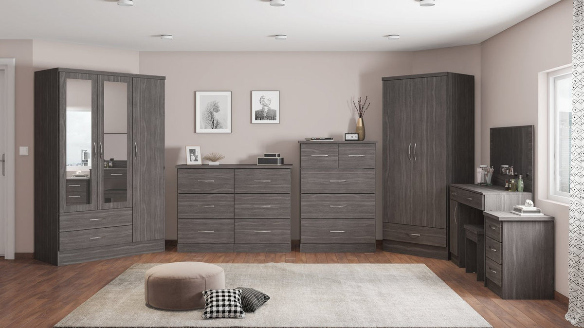 Nevada 3 Door 2 Drawer Mirrored Wardrobe - Black Wood Grain