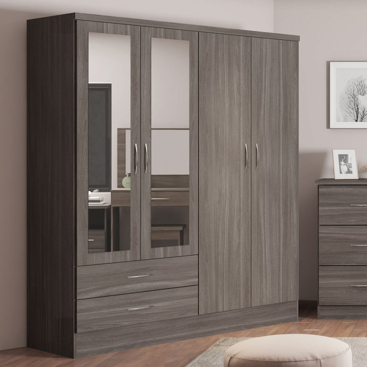 Nevada 4 Door 2 Drawer Mirrored Wardrobe - Black Wood Grain
