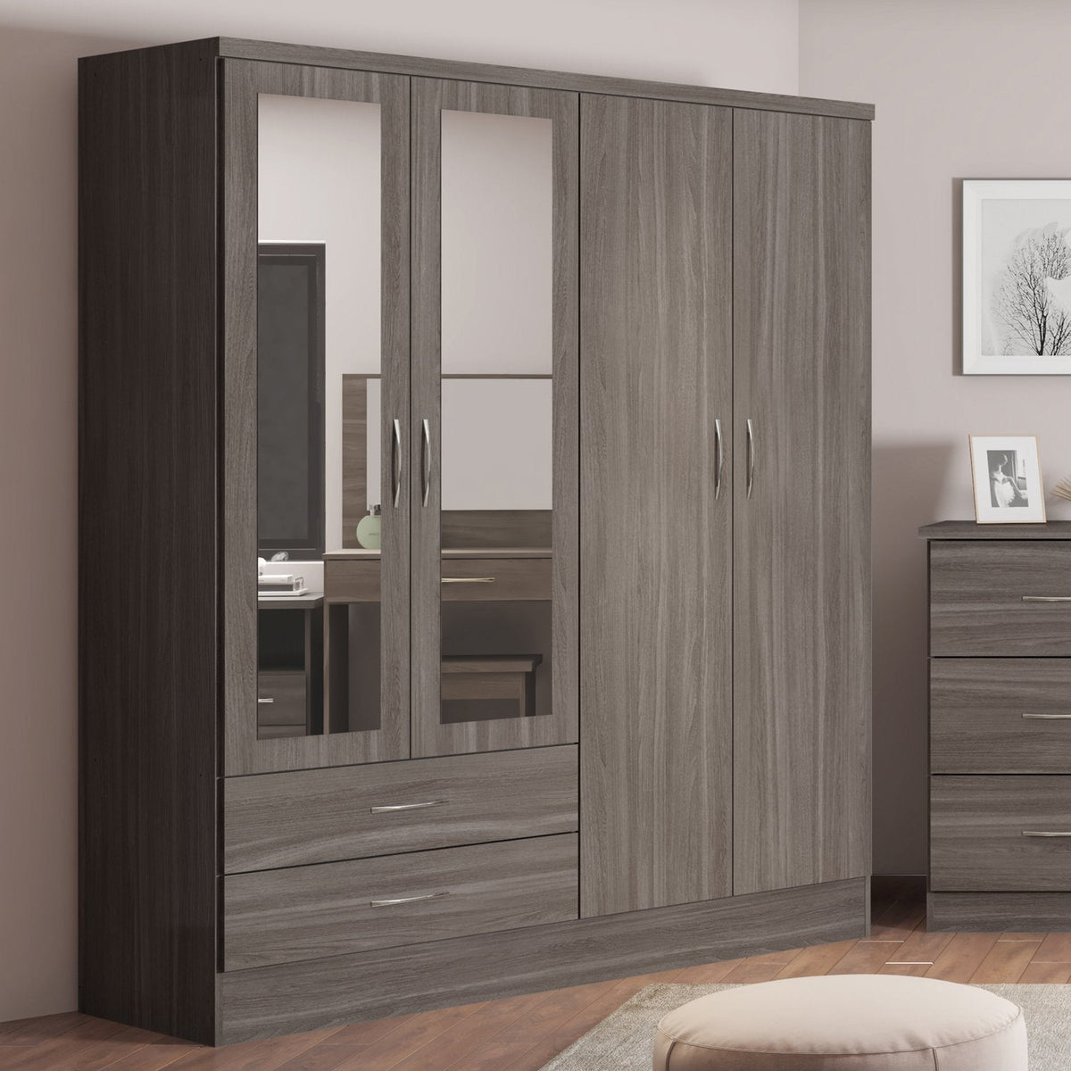 Nevada 4 Door 2 Drawer Mirrored Wardrobe - Black Wood Grain
