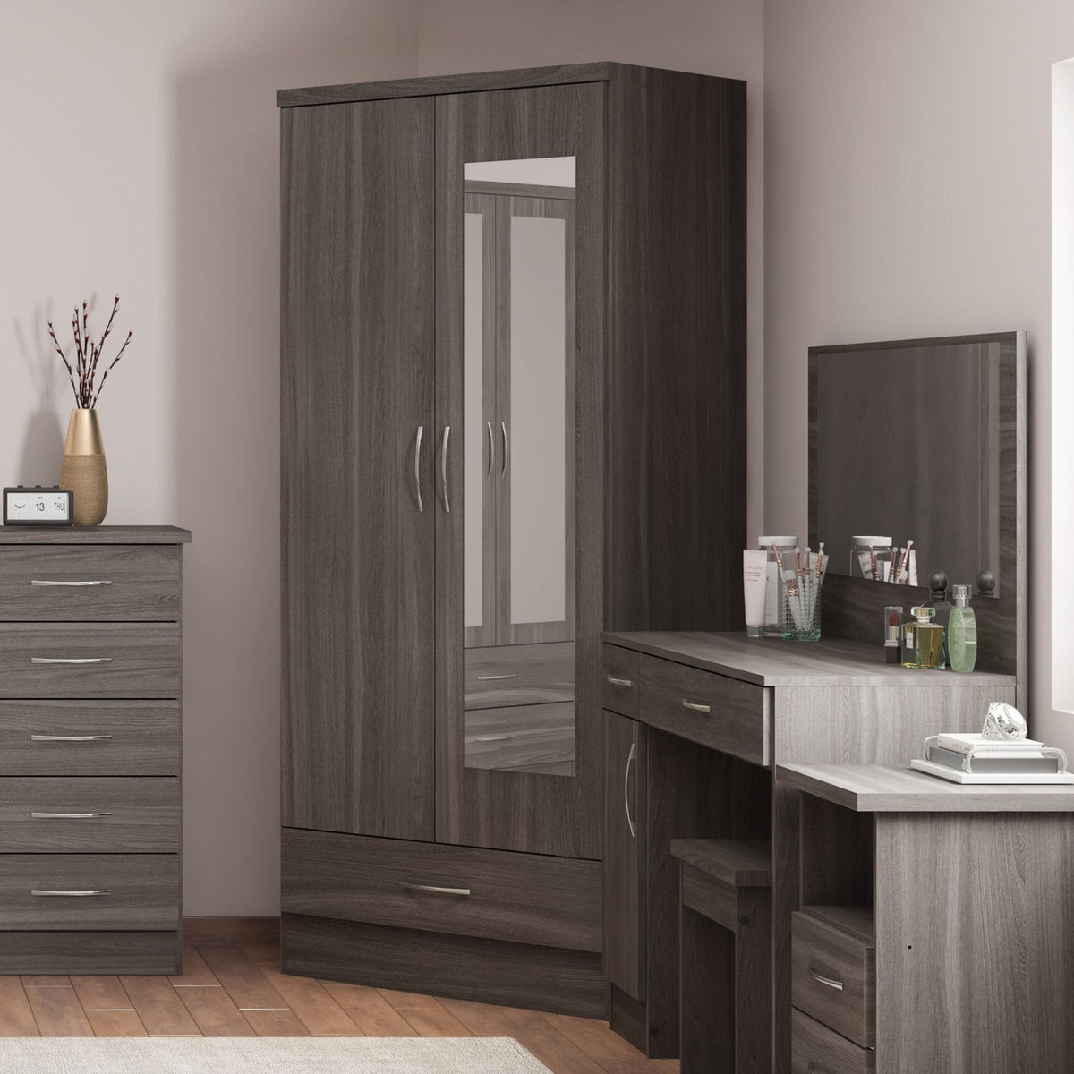 Nevada Mirrored 2 Door 1 Drawer Wardrobe - Black Wood Grain