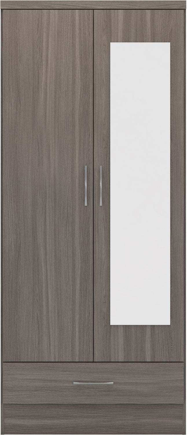 Nevada Mirrored 2 Door 1 Drawer Wardrobe - Black Wood Grain