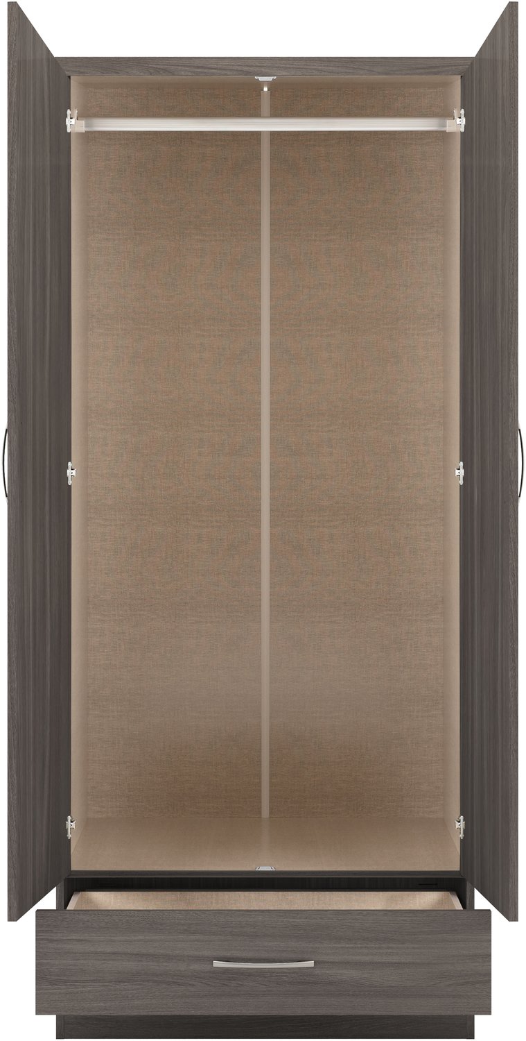 Nevada Mirrored 2 Door 1 Drawer Wardrobe - Black Wood Grain