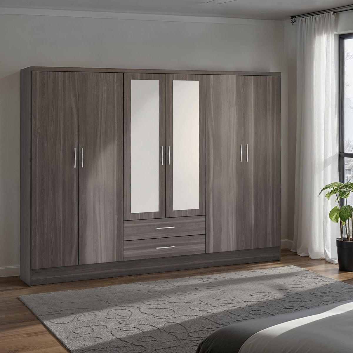 Nevada 6 Door 2 Drawer Mirrored Wardrobe - Black Wood Grain