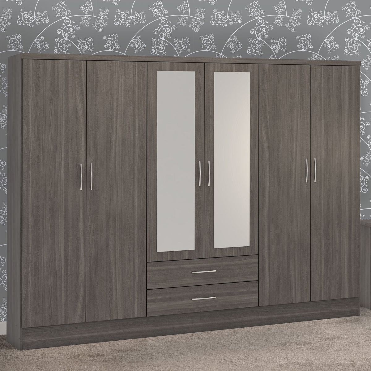 Nevada 6 Door 2 Drawer Mirrored Wardrobe - Black Wood Grain