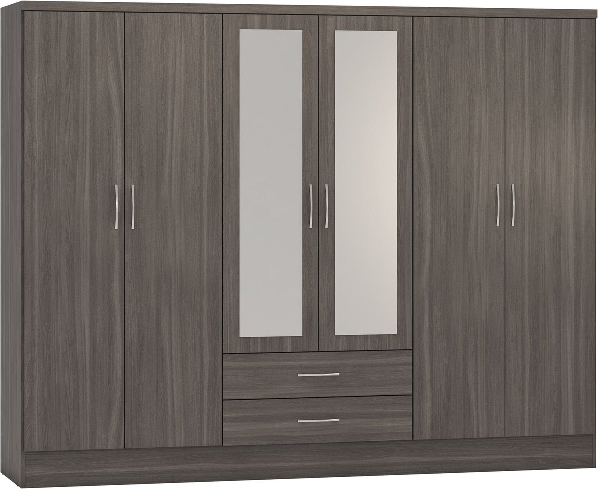 Nevada 6 Door 2 Drawer Mirrored Wardrobe - Black Wood Grain