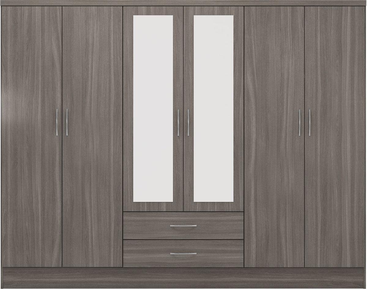 Nevada 6 Door 2 Drawer Mirrored Wardrobe - Black Wood Grain