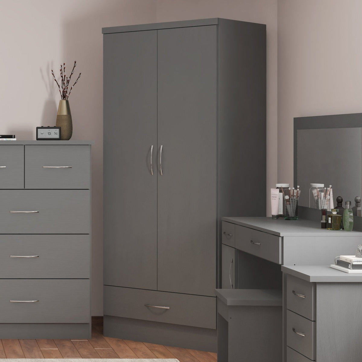 Nevada 2 Door 1 Drawer Wardrobe - 3D Effect Grey