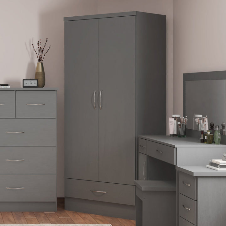 Nevada 2 Door 1 Drawer Wardrobe - 3D Effect Grey