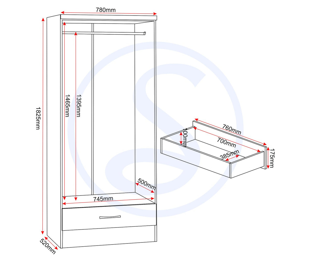 Nevada 2 Door 1 Drawer Wardrobe - 3D Effect Grey