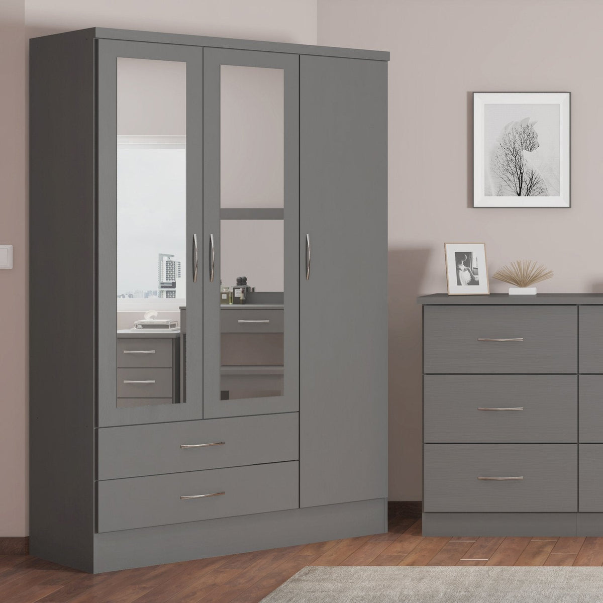 Nevada 3 Door 2 Drawer Mirrored Wardrobe - 3D Effect Grey