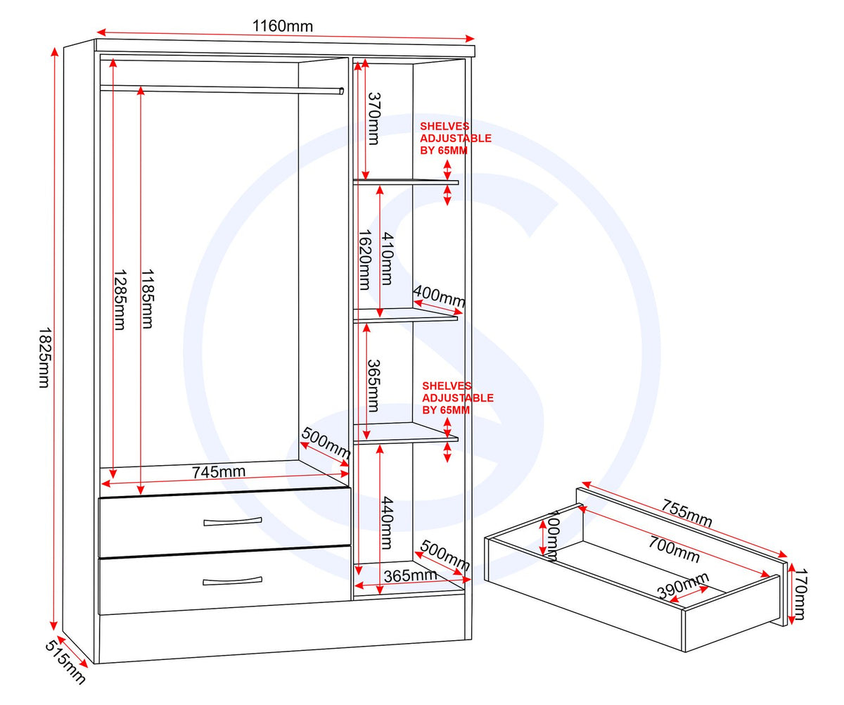 Nevada 3 Door 2 Drawer Mirrored Wardrobe - 3D Effect Grey