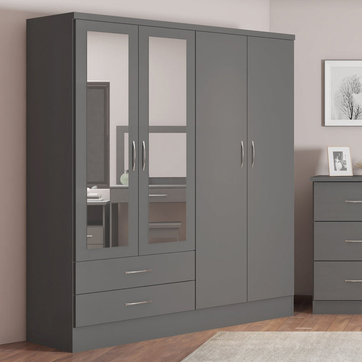 Nevada 4 Door 2 Drawer Mirrored Wardrobe - 3D Effect Grey