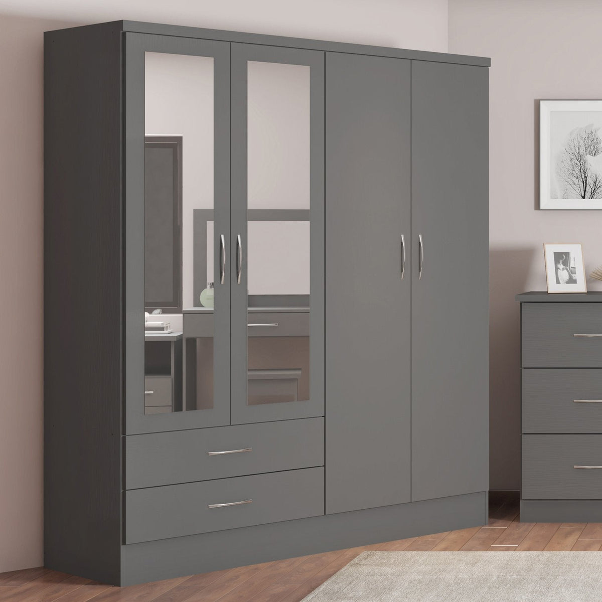 Nevada 4 Door 2 Drawer Mirrored Wardrobe - 3D Effect Grey