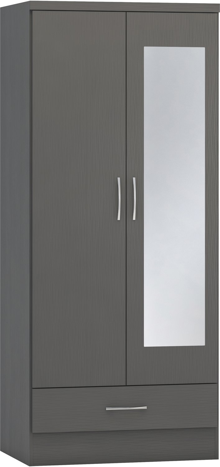 Nevada Mirrored 2 Door 1 Drawer Wardrobe - 3D Effect Grey