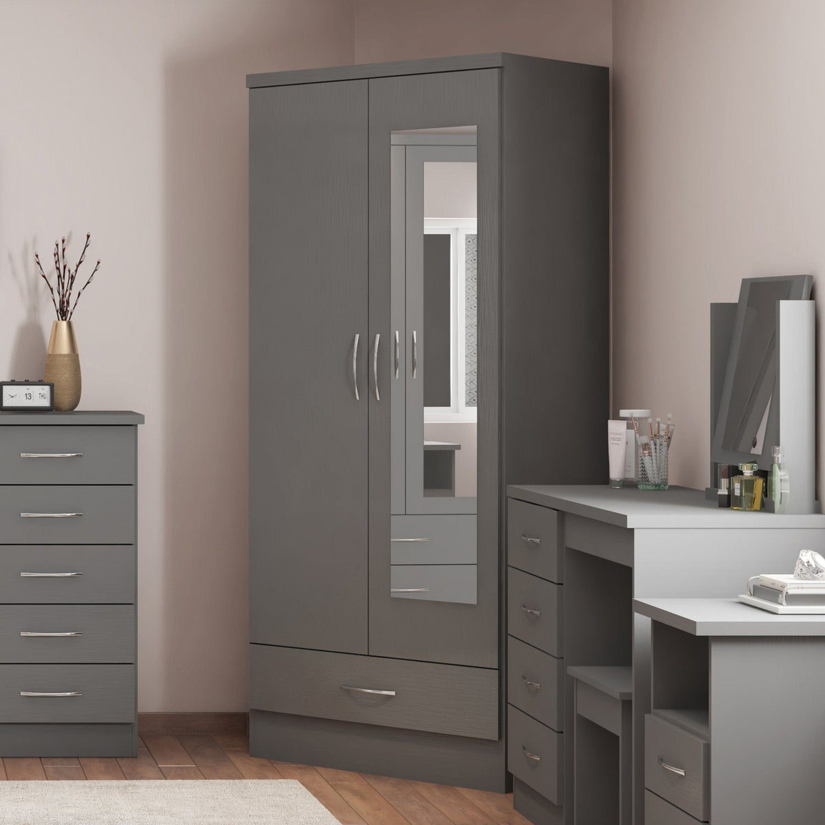 Nevada Mirrored 2 Door 1 Drawer Wardrobe - 3D Effect Grey