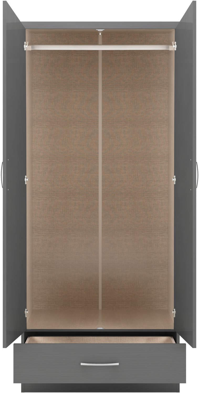 Nevada Mirrored 2 Door 1 Drawer Wardrobe - 3D Effect Grey