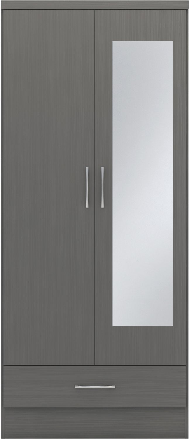 Nevada Mirrored 2 Door 1 Drawer Wardrobe - 3D Effect Grey