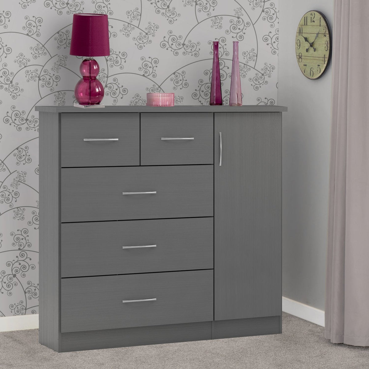 Nevada 5 Drawer Low Wardrobe - 3D Effect Grey