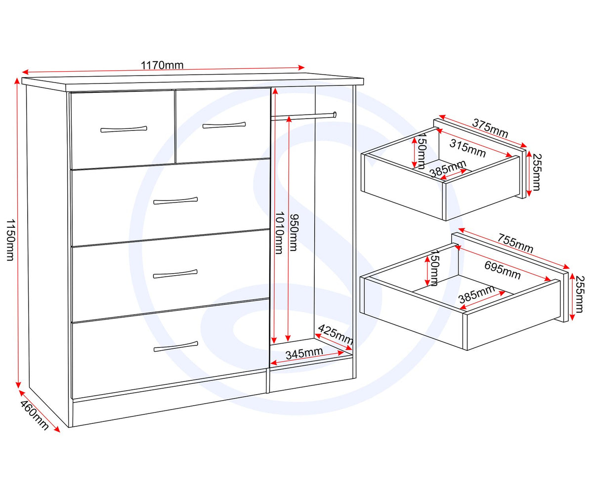 Nevada 5 Drawer Low Wardrobe - 3D Effect Grey