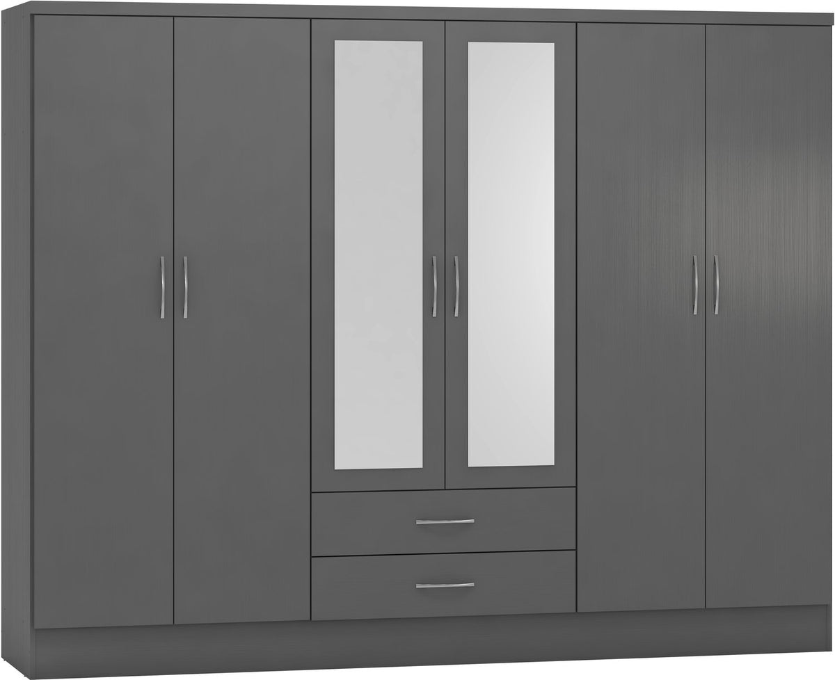 Nevada 6 Door 2 Drawer Mirrored Wardrobe - 3D Effect Grey