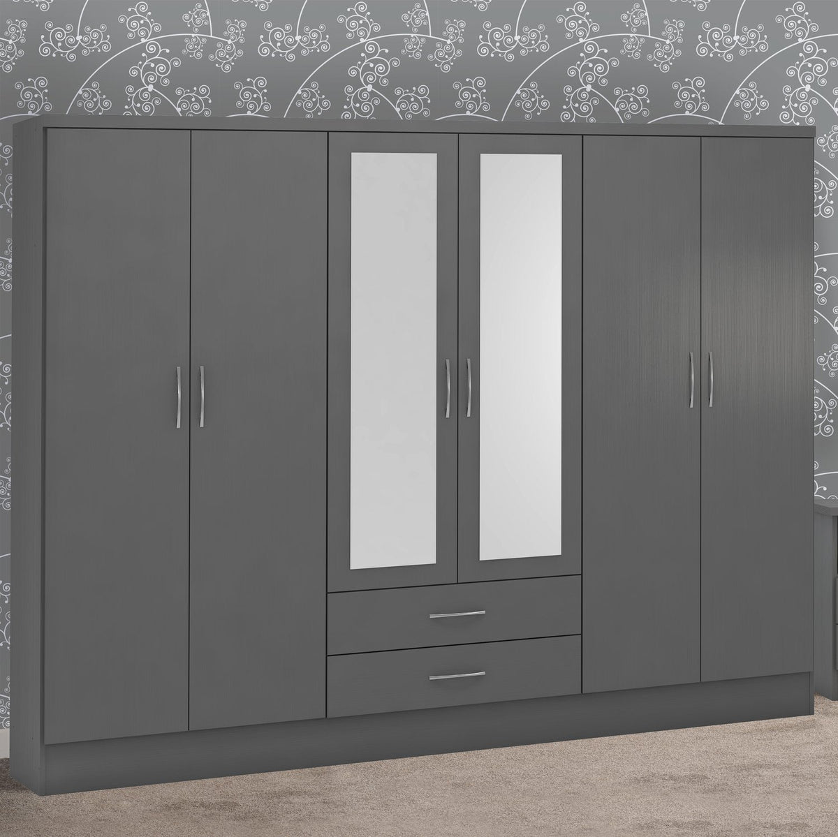 Nevada 6 Door 2 Drawer Mirrored Wardrobe - 3D Effect Grey