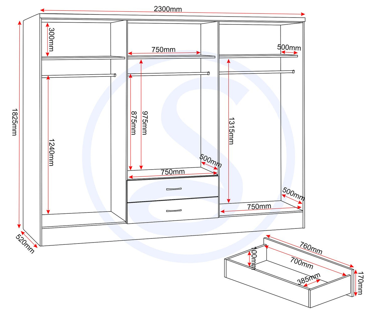 Nevada 6 Door 2 Drawer Mirrored Wardrobe - 3D Effect Grey