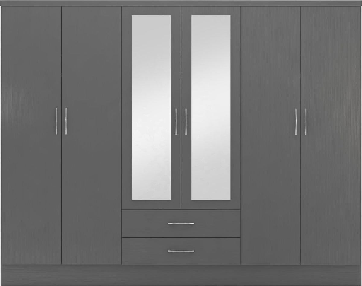Nevada 6 Door 2 Drawer Mirrored Wardrobe - 3D Effect Grey