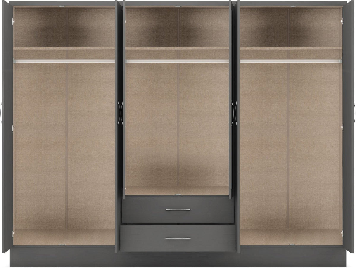 Nevada 6 Door 2 Drawer Mirrored Wardrobe - 3D Effect Grey