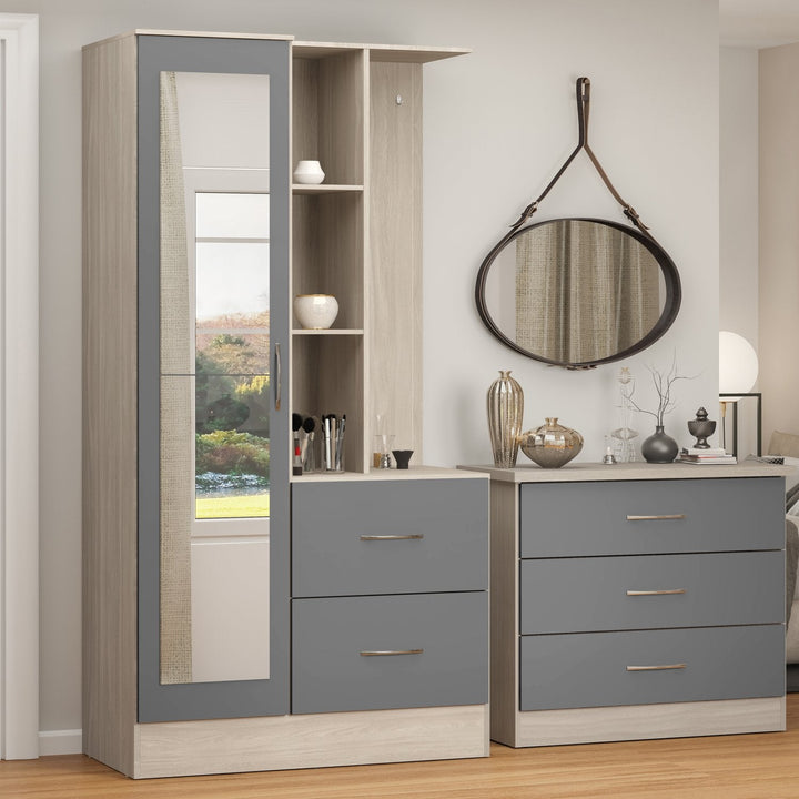 Nevada Mirrored Open Shelf Wardrobe - Grey Gloss/Light Oak Effect Veneer