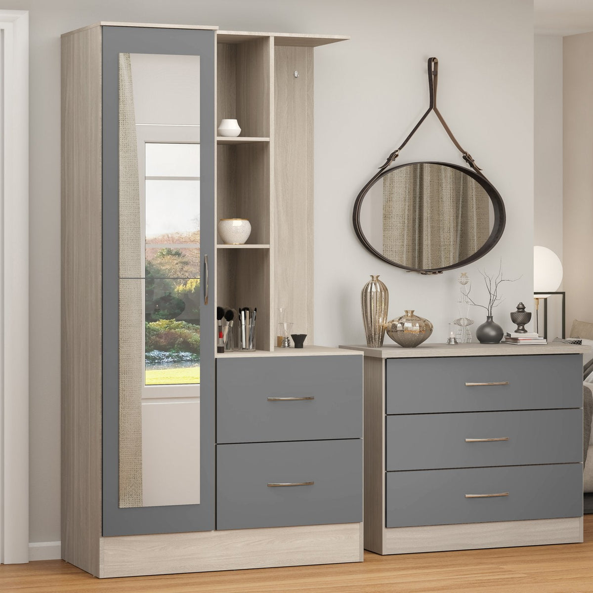 Nevada Mirrored Open Shelf Wardrobe - Grey Gloss/Light Oak Effect Veneer