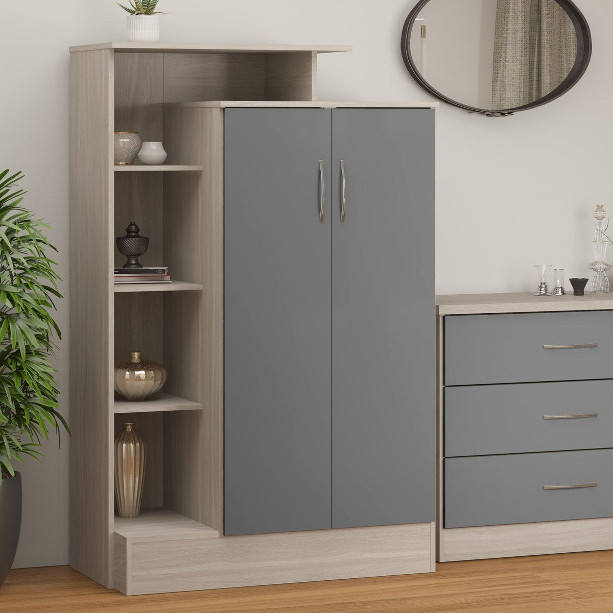 Nevada Petite Open Shelf Wardrobe - Grey Gloss/Light Oak Effect Veneer