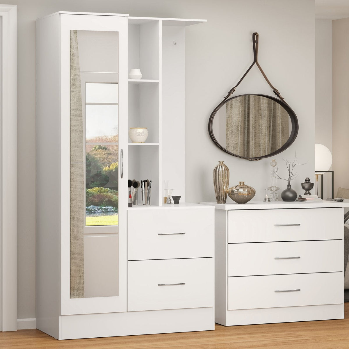 Nevada Mirrored Open Shelf Wardrobe - White Gloss