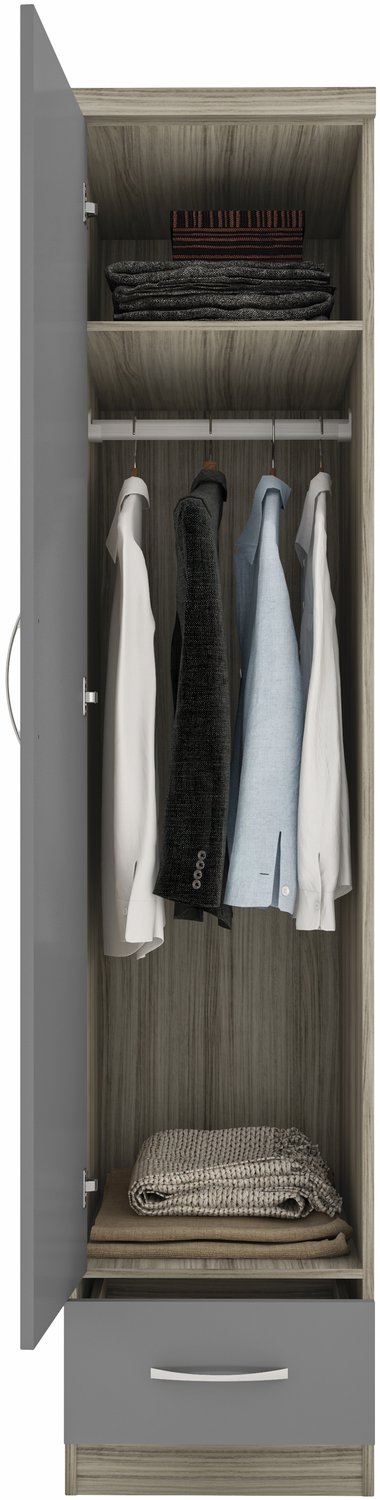 Nevada 1 Door 1 Drawer Wardrobe - Grey Gloss/Light Oak Effect Veneer
